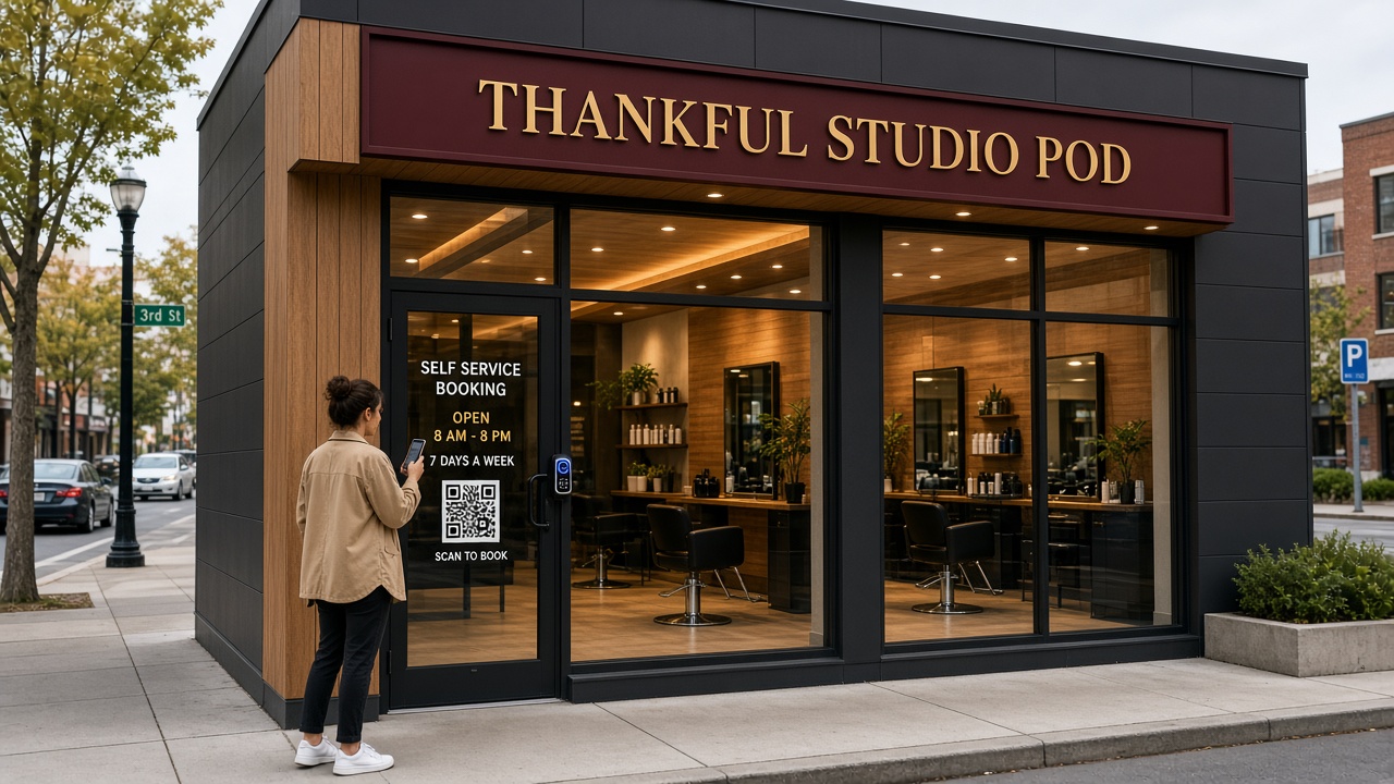 Thankful Studio Pod storefront with a dark exterior and glass front, a woman checking a self-service booking sign by the door