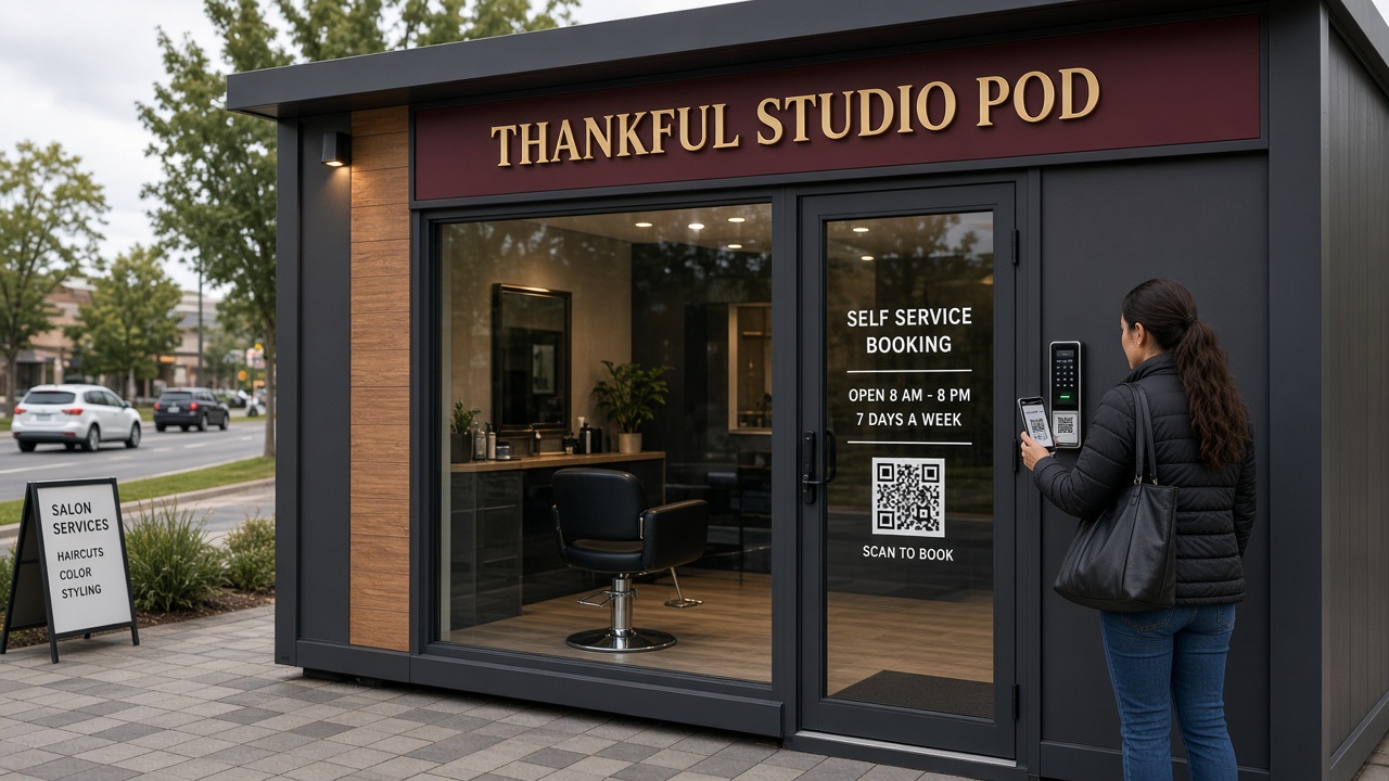 Compact Thankful Studio Pod with glass doors, a woman using a keypad at the entry beside a self-service booking sign