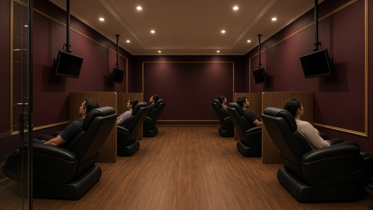 Interior of a Massage Cube with dark massage chairs set in private wood-floored nooks under wall screens