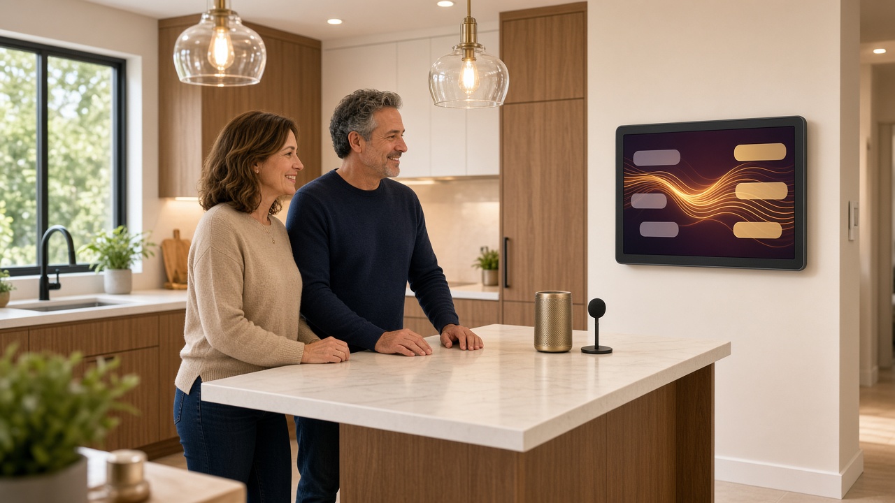 Couple at a kitchen island talking with an AI guide displayed on a wall screen